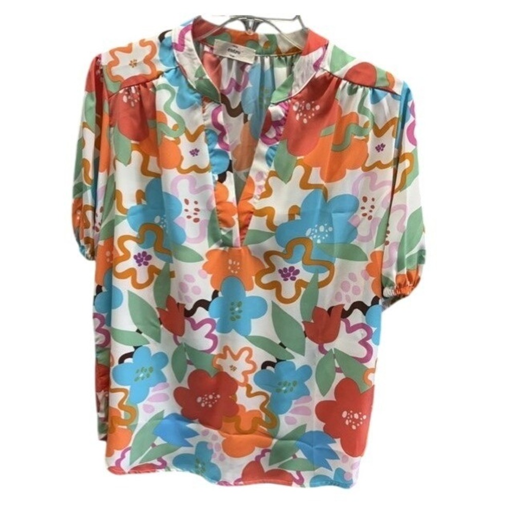 Entro Womens Floral Split Neck Puff Sleeve Blouse Multicolor Retro Print‎